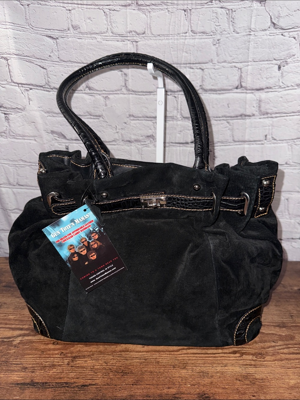 Black Suede Tote with Leather Trim and Stud Details - Picture 2 of 9